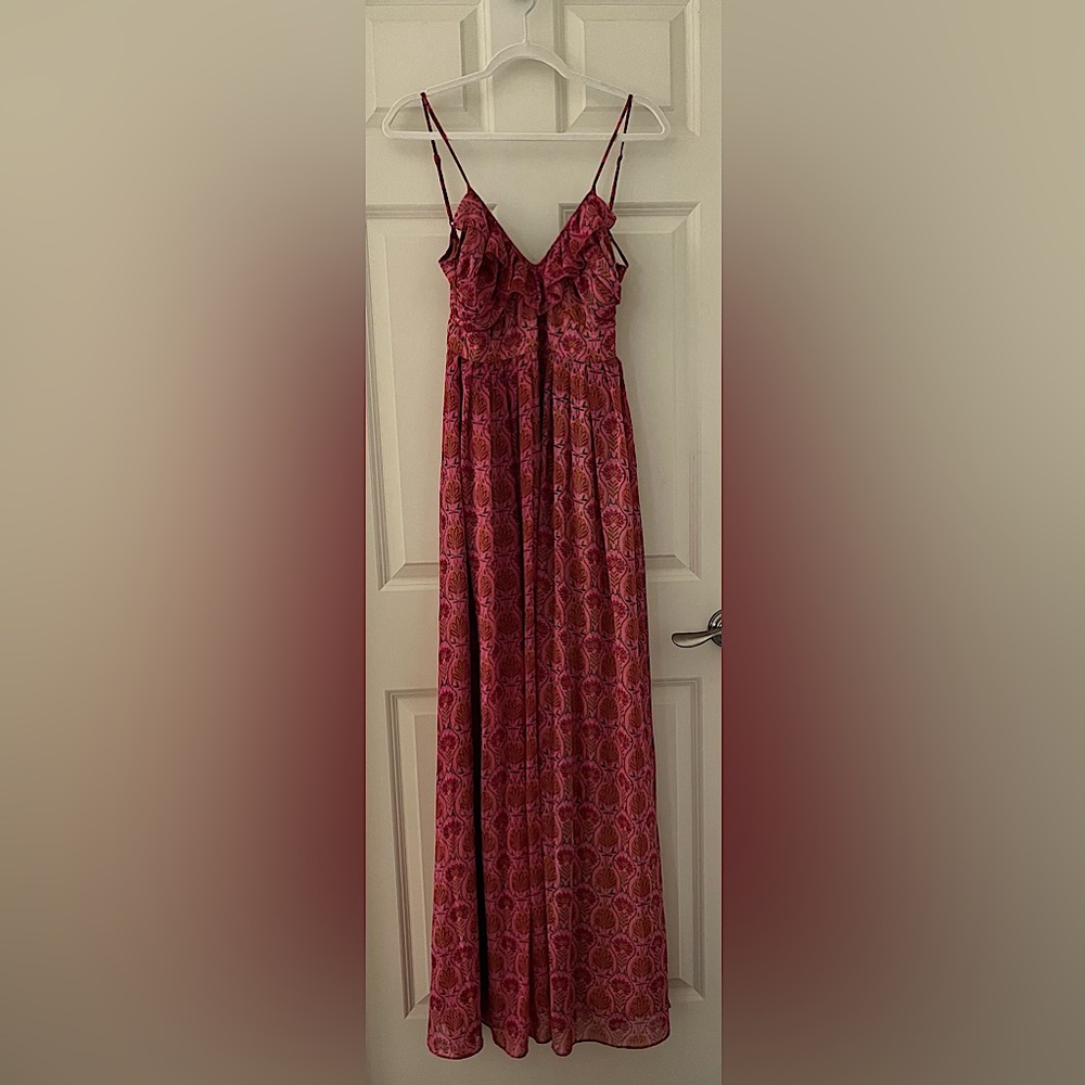 Aryn K Pink Deep v neck, maxi dress w/spaghetti straps  size S Lightweight